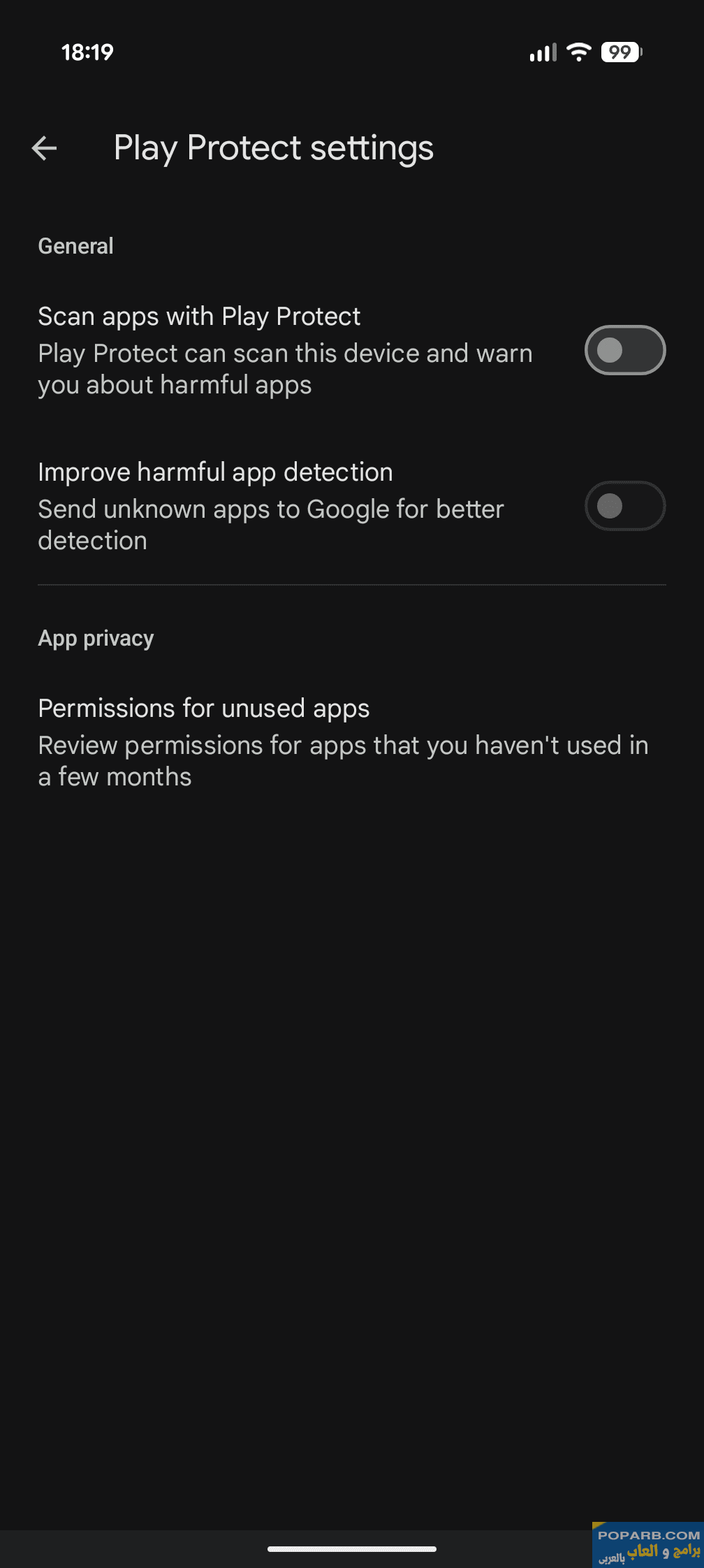 <span data-en="Disable Play Protect settings screen" data-ar="شاشة إعدادات تعطيل Play Protect">شاشة إعدادات تعطيل Play Protect</span>